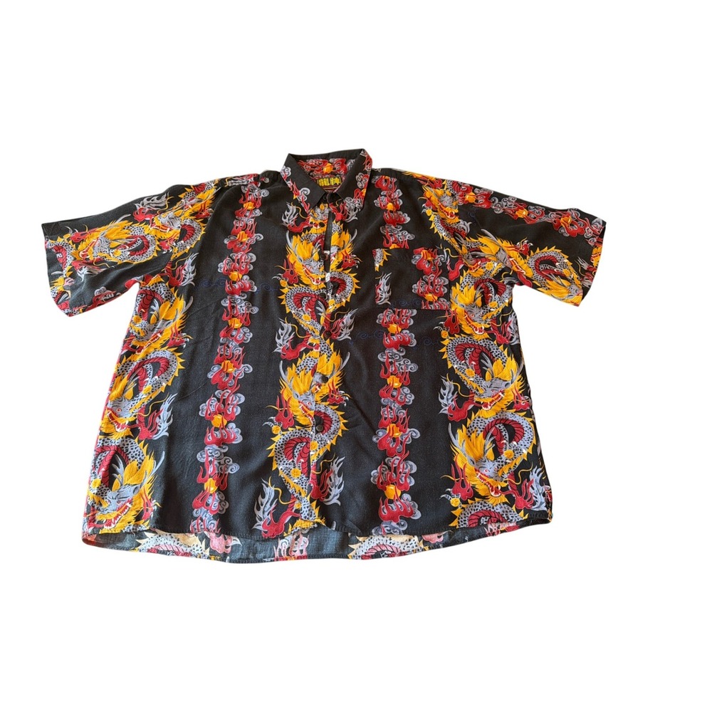 Billion Bay Shirt Black Dragon Flame Print‎ Rayon Short Sleeve XL Button Down